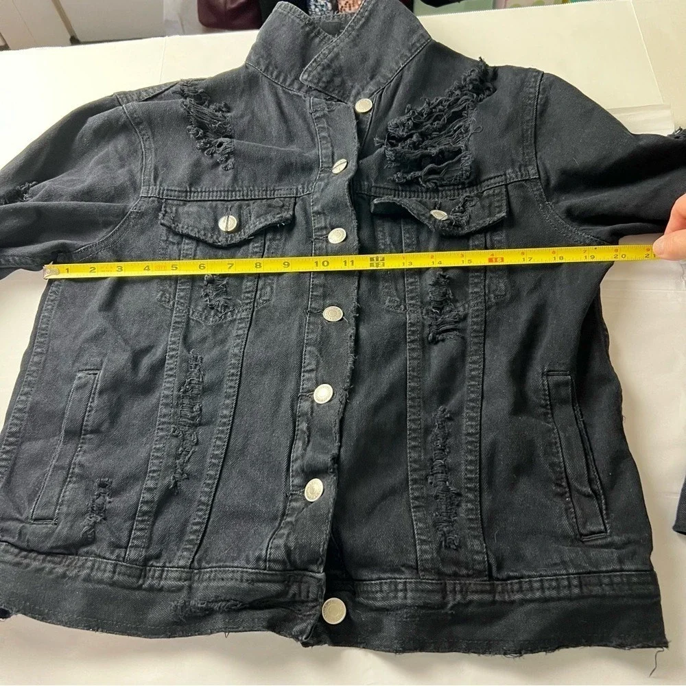 ASOS Thrashed Black Denim Trucker Jacket Destroyed Distressed Size Medium - Picture 7 of 14